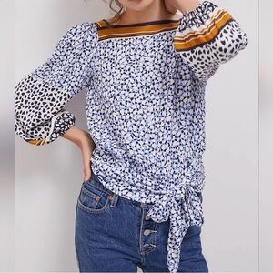 New Anthropologie's Maeve Philippa Blouse Top Puff Sleeves Tie Front/Back, XS